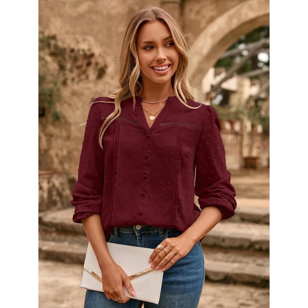 Womens Long Sleeve Polyester Blouse V-Neck Swiss Dot Casual Business Wear - Picture 3 of 6